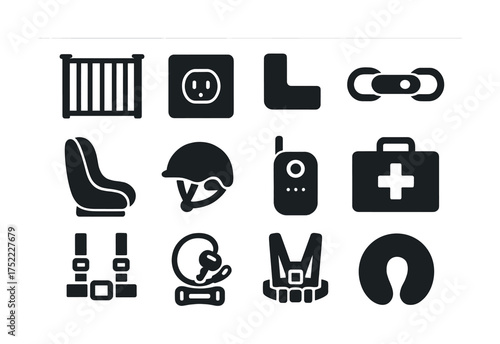 Child safety icon set: gate, outlet cover, corner guard, cabinet lock, helmet, baby monitor, first aid, car seat, harness, neck pillow