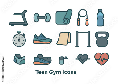 Teen gym icons with equipment and fitness symbols for exercise enthusiasts