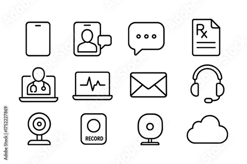 Telemedicine icons set: devices, communication, cloud, and medical tools
