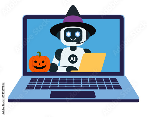 AI robot, chat bot wearing a witch hat, using a laptop and appearing on a computer screen. Perfect for Halloween themed tech, customer service, AI, chatbot, remote work or seasonal marketing content. 