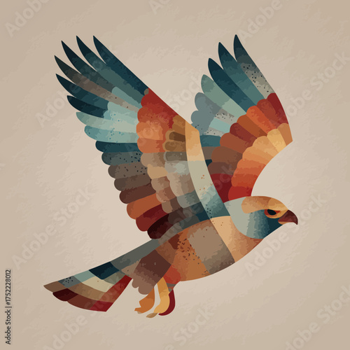 Vibrant geometric illustration of a bird of prey in soaring flight. Colorful segmented design with abstract mosaic patterns and textured details.