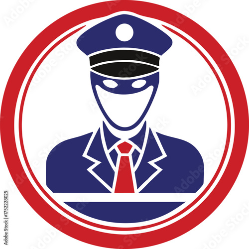 A masked human figure wearing a blue police uniform with a red tie and matching cap inside a red circle