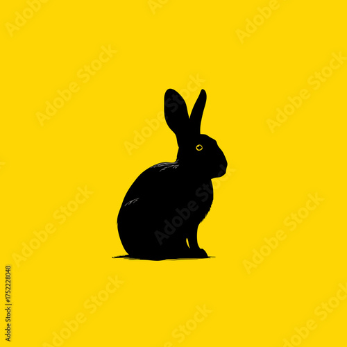 Black rabbit against a yellow background