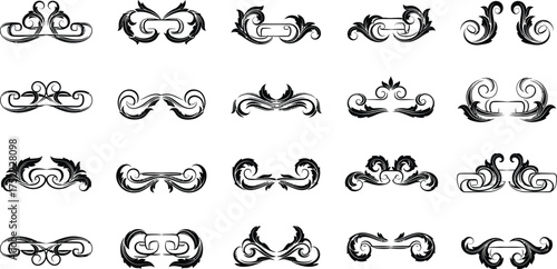 Decorative Ornaments Set, Filigree Dividers, Flourish Elements, Black Floral Design