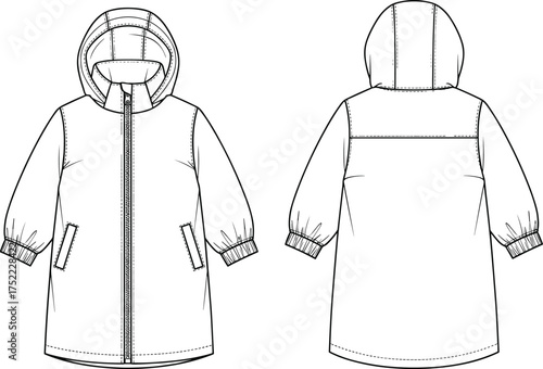 coat hooded long sleeve zipper closure pocket welt cuff elastic seam yoke panel hood seam apparel garment clothing fashion textile template vector sketch illustration design pattern prototypecoat hood