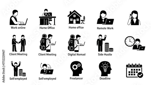 Work From Home and Freelance Lifestyle Icons with People Working Remotely