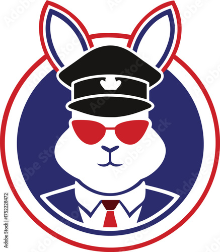 Cool cartoon rabbit character wearing a blue uniform, red tie, red sunglasses, and a black hat with a crown symbol
