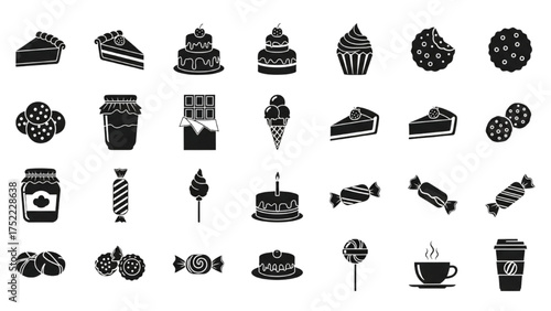 A comprehensive collection of black silhouette icons representing various sweets and desserts