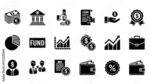 Modern flat design black and white icons for finance, banking, economy, and investment concepts, perfect for business visuals
