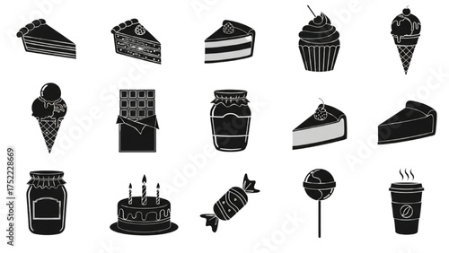 Collection of sweet desserts and treats, including cakes, pies, ice cream, and candy