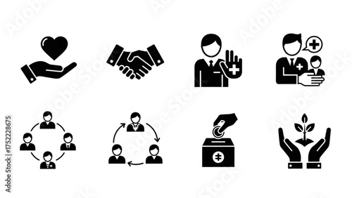 Set of icons representing care, business, health, community, and growth concepts