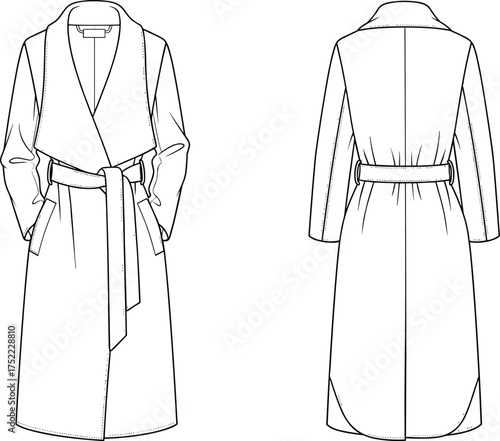 coat long belted shawl collar wrap closure pocket side waist tie belt loop seam sleeve hem tailored apparel  