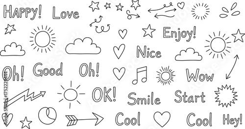 Doodle Elements with Speech Bubbles, Hearts, Stars, Arrows, Sun, Clouds, Text on White
