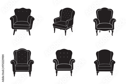 Elegant Armchair Collection Black Silhouette on White Background for Interior Design and Furniture Concepts six different elegant black armchair silhouettes