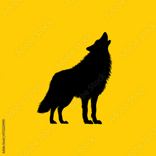 Silhouette of a wolf howling on a yellow background