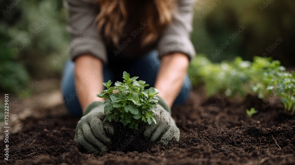Fototapeta premium Person s gloved hands gently planting a small green seedling into dark rich soil in a garden
