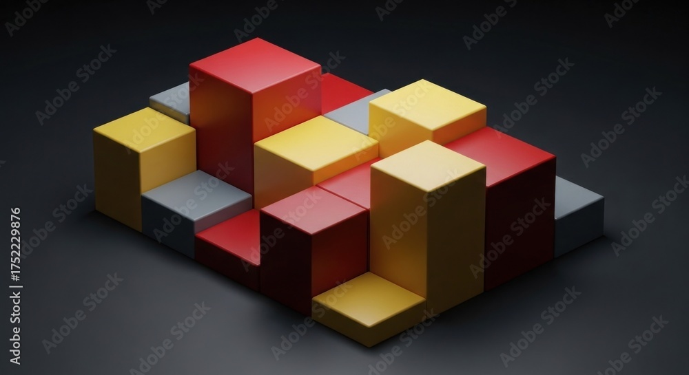 Obraz premium Abstract isometric arrangement of grey, red, and yellow colored cubes