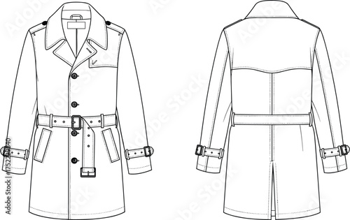 coat trench double breasted button closure lapel notched epaulet belt waist buckle pocket flap storm 
