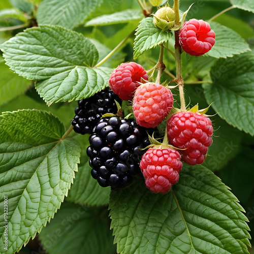 Raspberries and blackberries are among the leaves of a plant