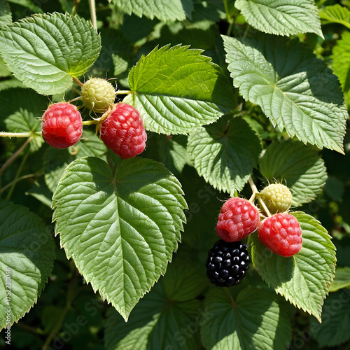 Raspberries and blackberries are among the leaves of a plant