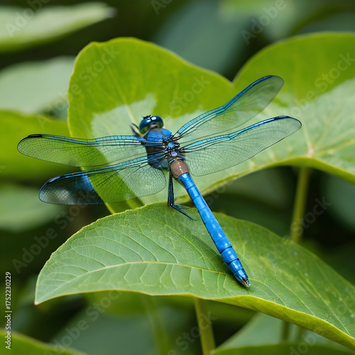Selective focus shot of a blue dragonfly on the green leaf