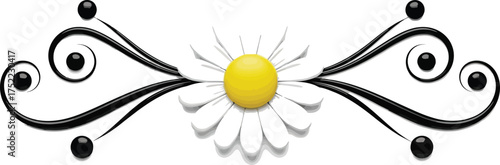 Elegant Swirls with Daisy and Black Orbs on White Backdrop Decorative Floral Design