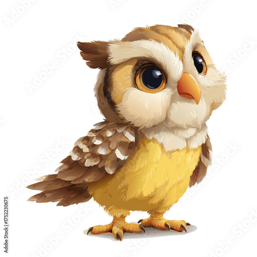 Adorable cartoon baby owl illustration with big eyes, isolated on white background, cute fluffy owlet looking sideways