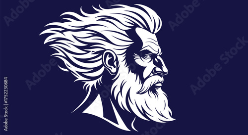 White vector illustration of a bearded man with flowing hair
