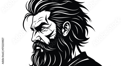 Black and white vector illustration of a man with a beard profile