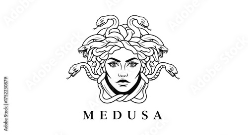 Medusa portrait with snakes for hair in black and white illustration