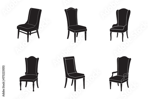 Elegant Chair Silhouettes for Interior Design Projects Black and White Vector Illustration Graphic Resource Template Six Different Designs
