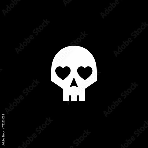 White skull with heart eyes on black background