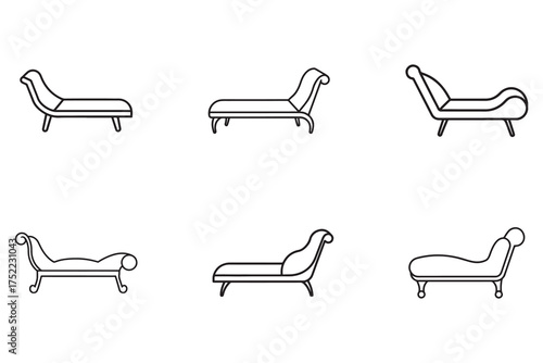 Elegant Chaise Lounge Outline Illustrations in a Set of Six for Interior Design Projects and Furniture Concepts