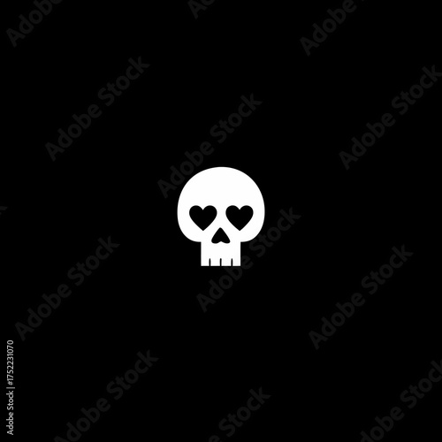 White skull with heart eyes on black background