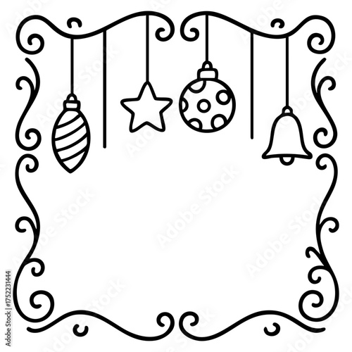 Black and white Christmas frame with festive ornaments and decorations, elegant holiday vector line art for seasonal greeting card or winter design with copy space