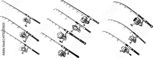 Collection of fishing rods with reels on white background
