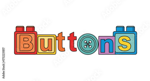 Colorful block letters spelling 'buttons' with a real button adding playful charm, perfect for kids' crafts, sewing projects, and creative learning materials