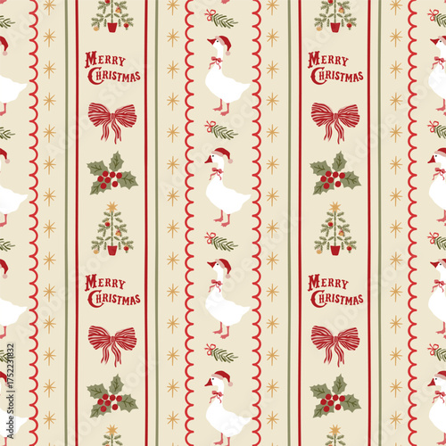 Vintage Christmas striped seamless pattern with goose, red bow knots, ribbons, fir tree. Vector retro winter holiday wallpaper, cute cottagecore print, hand drawn New Year background, wrap paper.