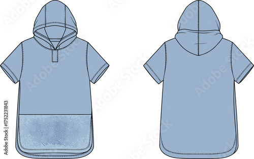 hoodie poncho short sleeve hood placket pocket mesh curved hem oversized casual sporty apparel 