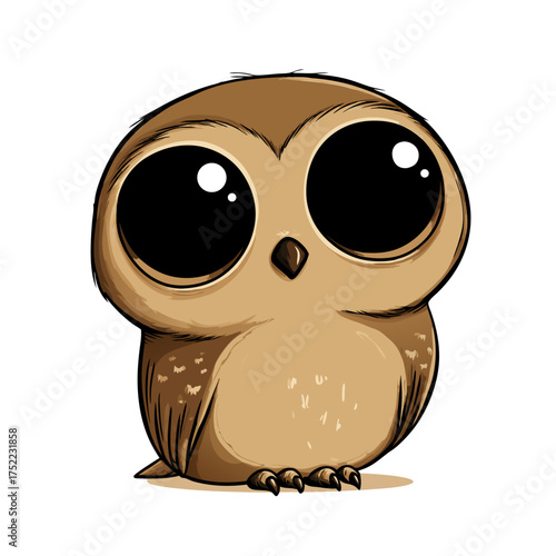 Adorable baby owl cartoon illustration with big black eyes and a sweet, innocent expression, isolated on a clean white background
