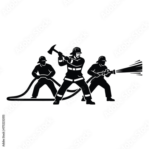 Silhouette of firefighters in action with axe and hose emergency responders isolated on white background isolated on transparent background