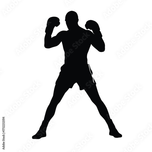 Silhouette of a boxer in fighting stance with gloves raised isolated on white background isolated on transparent background