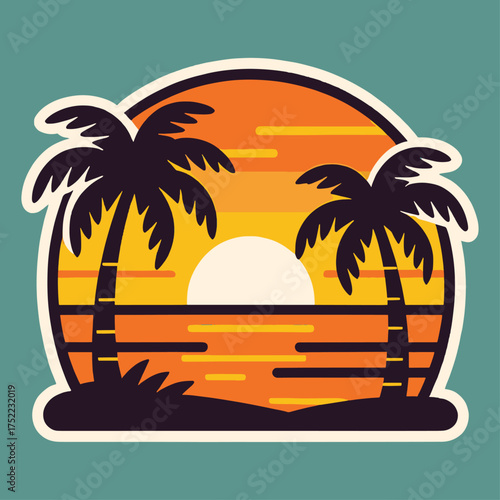 Vintage Beach Sunset Graphic Design with Palm Silhouette, t shirt design