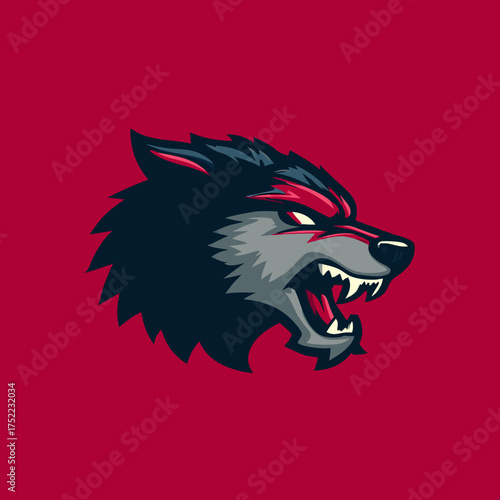 Aggressive Wolf Head Illustration with Snarling Fangs and Red Eyes. Fierce Canine Mascot Vector Art for Sports Team or Gaming Design.