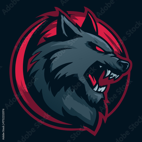 Aggressive snarling wolf head mascot logo illustration with glowing red eyes and fangs, dark grey and red stylized design