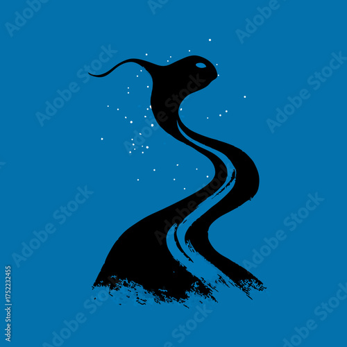 Black ghost-like figure with white speckles on blue background