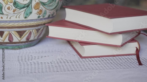 Detail of red hardbacked books