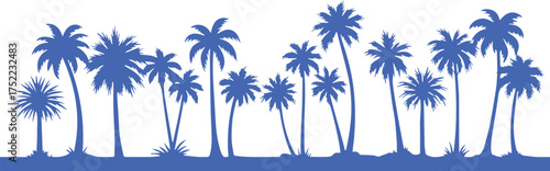 A vibrant silhouette of a tropical palm tree forest against a clean white background with a blue stripe