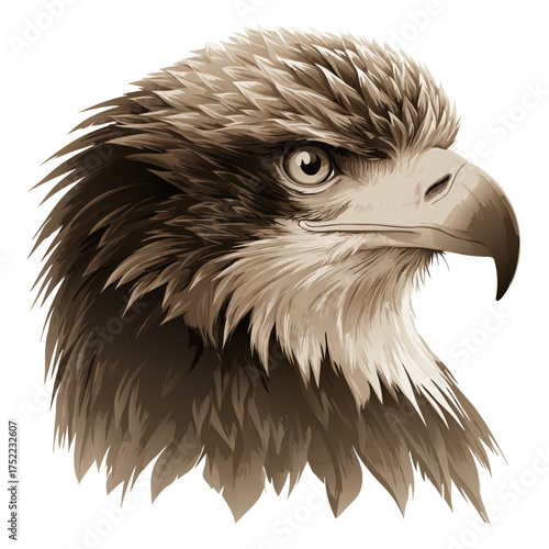 Majestic eagle head portrait, detailed illustration of a powerful bird of prey in sepia tone, wild animal artwork