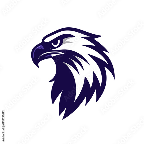 Powerful and majestic eagle head vector illustration in profile. Striking bird of prey with strong purple and white design for mascot.